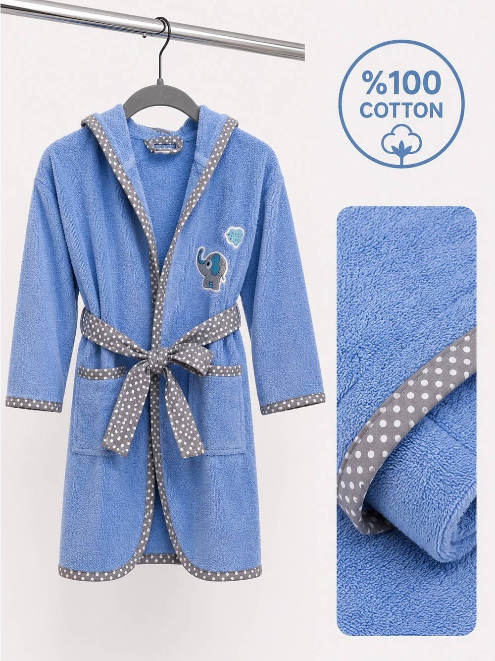 Kids Blue Bathrobe 100% Cotton Hooded Elephant Soft Robe 4-6Y